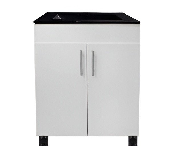 White Rectangular Bathroom Vanity Cabinet with Black Top and Double Doors