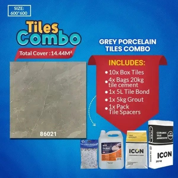 Grey Floor Tile Combo Glossy Polished Porcelain 600X600mm | A-Grade (86021)