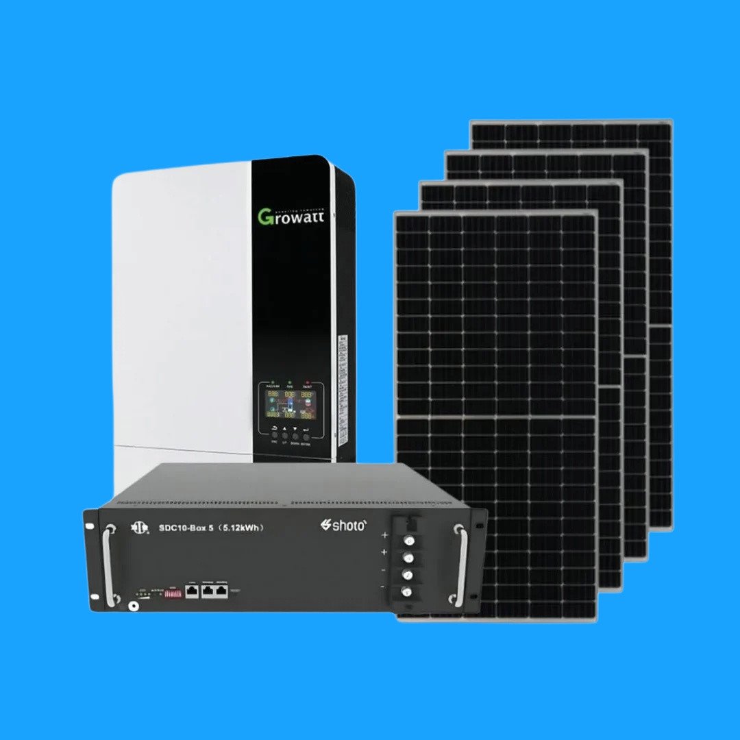 5KVA / 5000W Hybrid Inverter by GROWATT + 5.12kWh SHOTO Lithium Battery + 4x 545W Mono-Crystalline Solar Panels