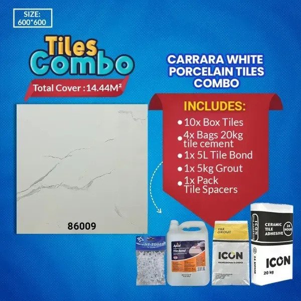 Carrara White Floor Tiles Combo – Glossy Polished Porcelain – 600x600mm | A-Grade (86009)