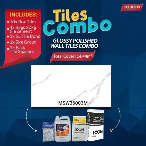 Carrara White Wall Tiles Combo – Glossy Polished – Ceramic – 300x600mm | A-Grade