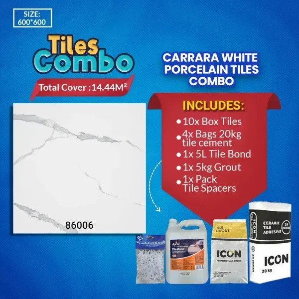 “Carrara White Porcelain Tile Combo – Model 86006 | Premium Quality
