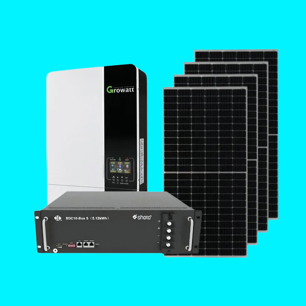 5KVA / 5000W Hybrid Inverter by GROWATT + 5.12kWh SHOTO Lithium Battery + 4x 545W Mono-Crystalline Solar Panels