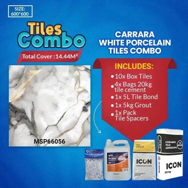 Carrara White Floor Tiles Combo-Glossy Polished-Porcelain-600x600mm | A-Grade (MSP66056M)