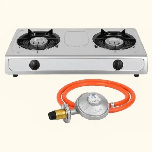2 Burner Gas Stove with 2 Plates, Comes with Regulator, Pipe, and Clamps.