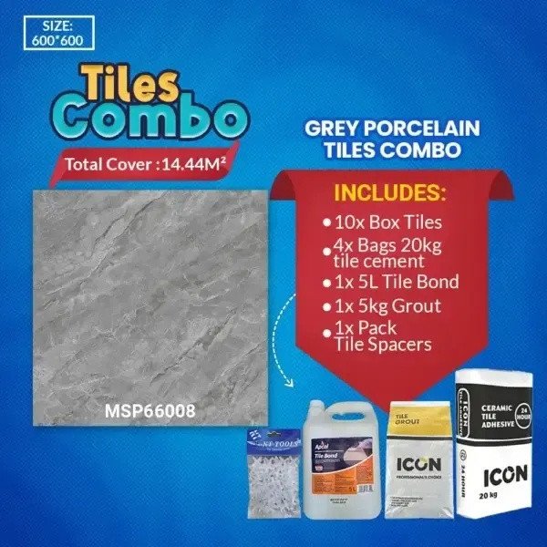 Floor Tile Grey Combo – Glossy Polished – Porcelain – 600x600mm | A-Grade