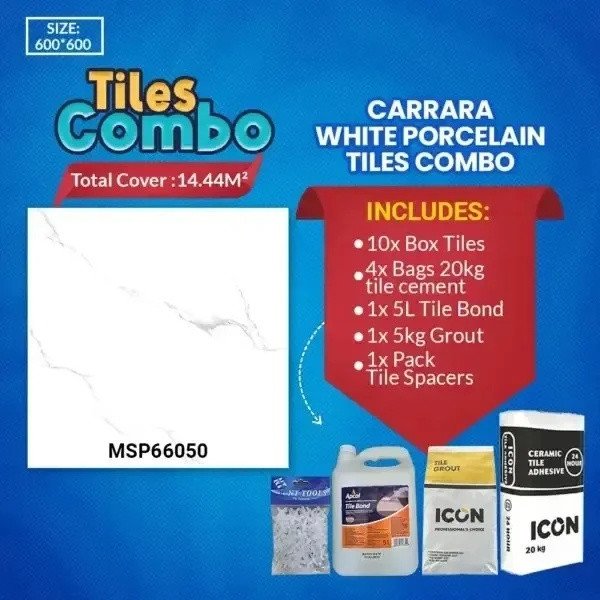 Carrara White Floor Tile – Glossy Polished Porcelain – 600X600mm | A-Grade | Msp66050