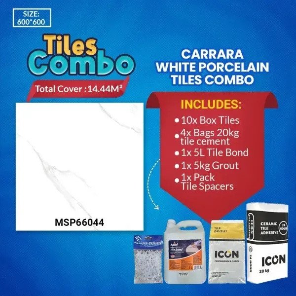Carrara White Floor Tile Combo – Glossy Polished – Porcelain – 600X600mm | A-Grade | Msp66044