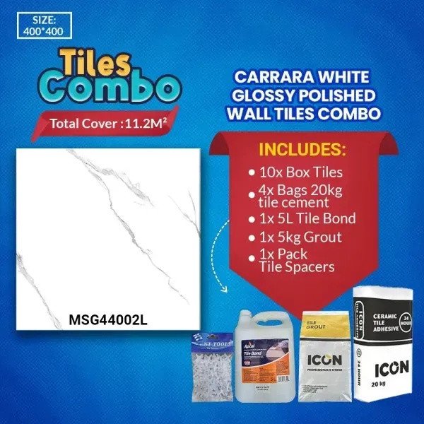 Carrara White Wall Tiles Combo – Glossy Polished – Ceramic – 400x400mm | A-Grade