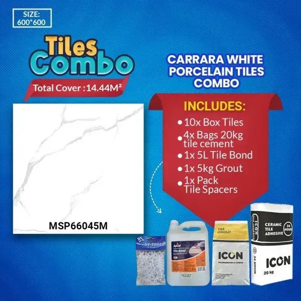 Carrara White Floor Tiles Combo-Glossy Polished-Porcelain-600X600mm | A-Grade (Msp66045m)