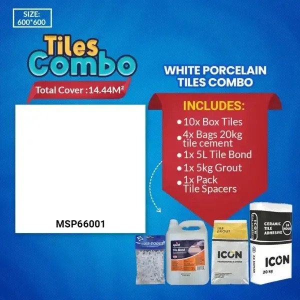 Floor Tile White Combo – Glossy Polished – Porcelain – 600X600mm | A-Grade (Msp66001)