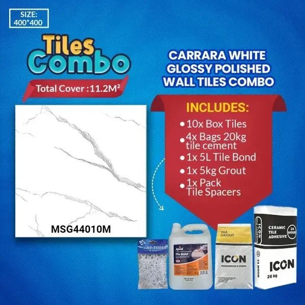 Carrara White Wall Tile Combo-Glossy Polished-Ceramic-400X400mm | A-Grade| Msg44010